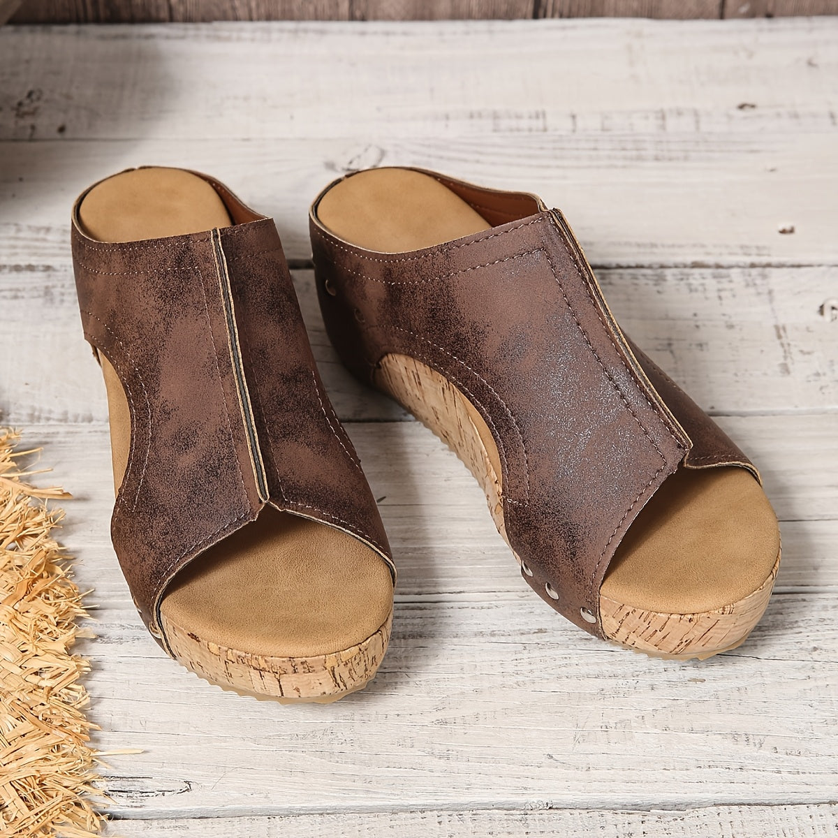 Women's Vintage Wedge Heel Mules for Summer – Comfortable Slip-on Sandals with Studs