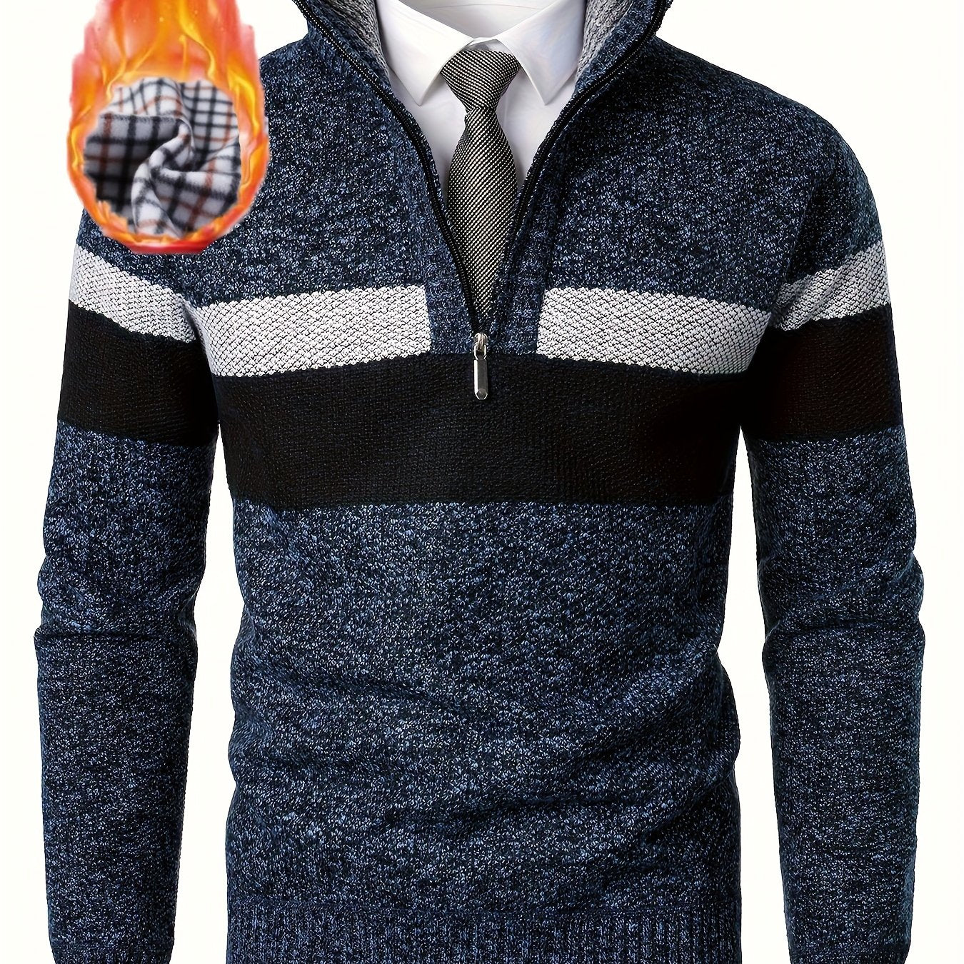 Men's knitted sweater with a stand-up collar and zipper, striped, softly lined inside