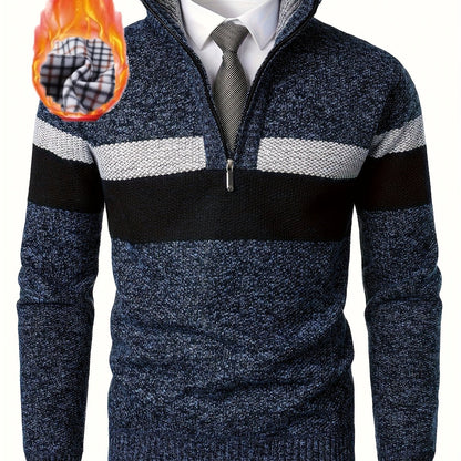 Men's knitted sweater with a stand-up collar and zipper, striped, softly lined inside