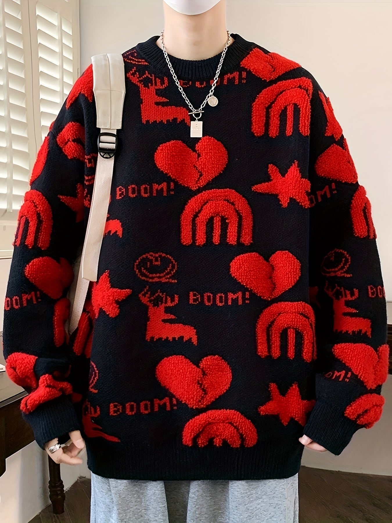 Unisex knitted sweater with a pattern, crew neck, long sleeves
