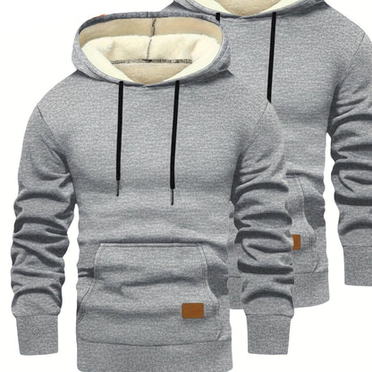 2-pack of men’s hooded sweatshirts, fleece-lined, with kangaroo pockets and drawstrings, black & dark gray