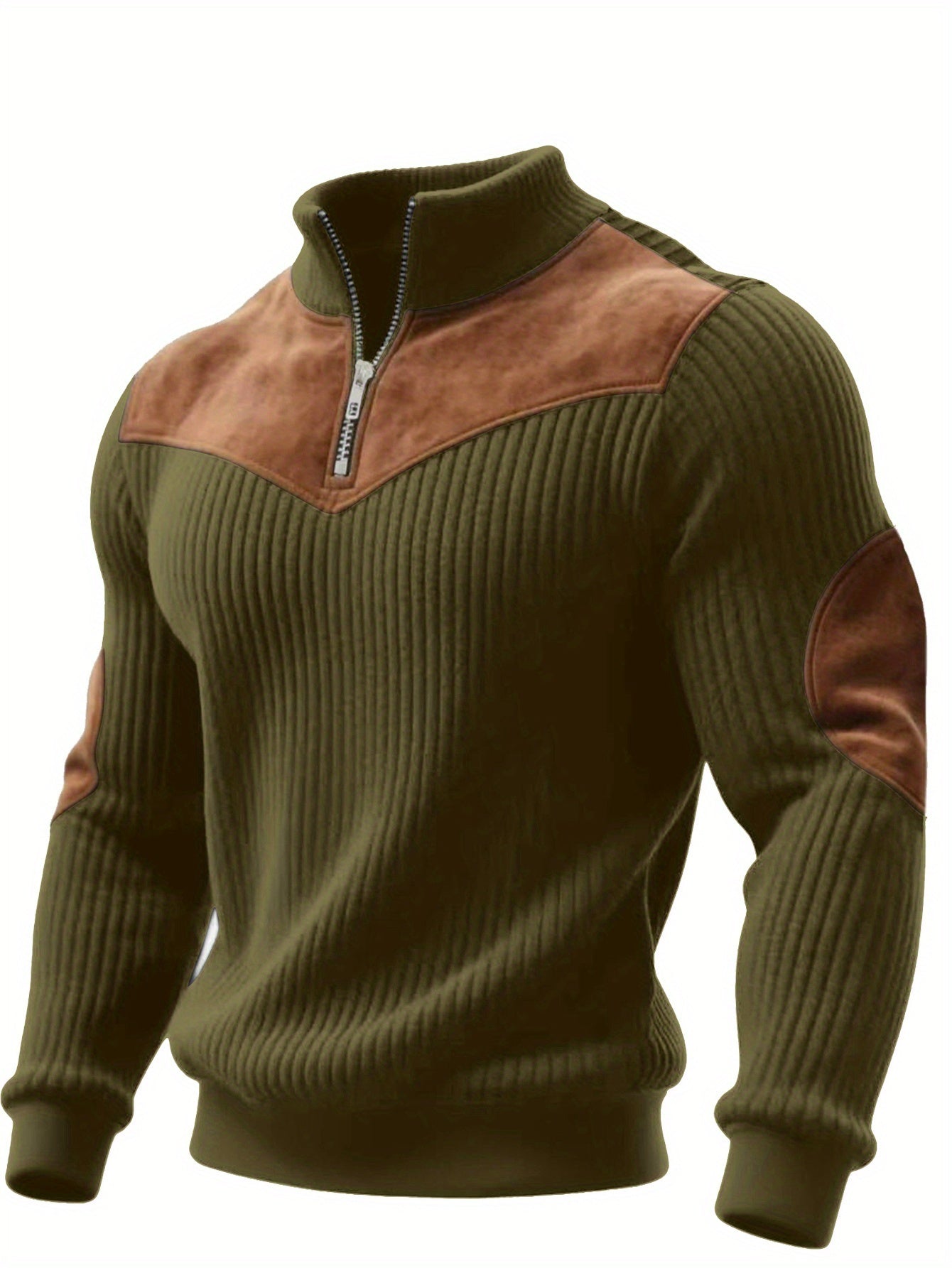 Ribbed men's quarter-zip sweater with suede-look patches