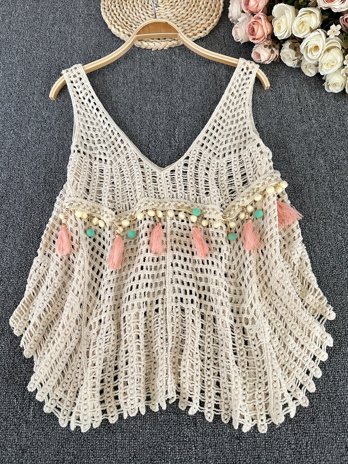 Women's Boho Crochet Top with Tassels and Beads – Casual Summer Vest for Beach and Leisure