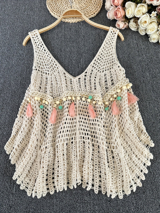 Women's Boho Crochet Top with Tassels and Beads – Casual Summer Vest for Beach and Leisure