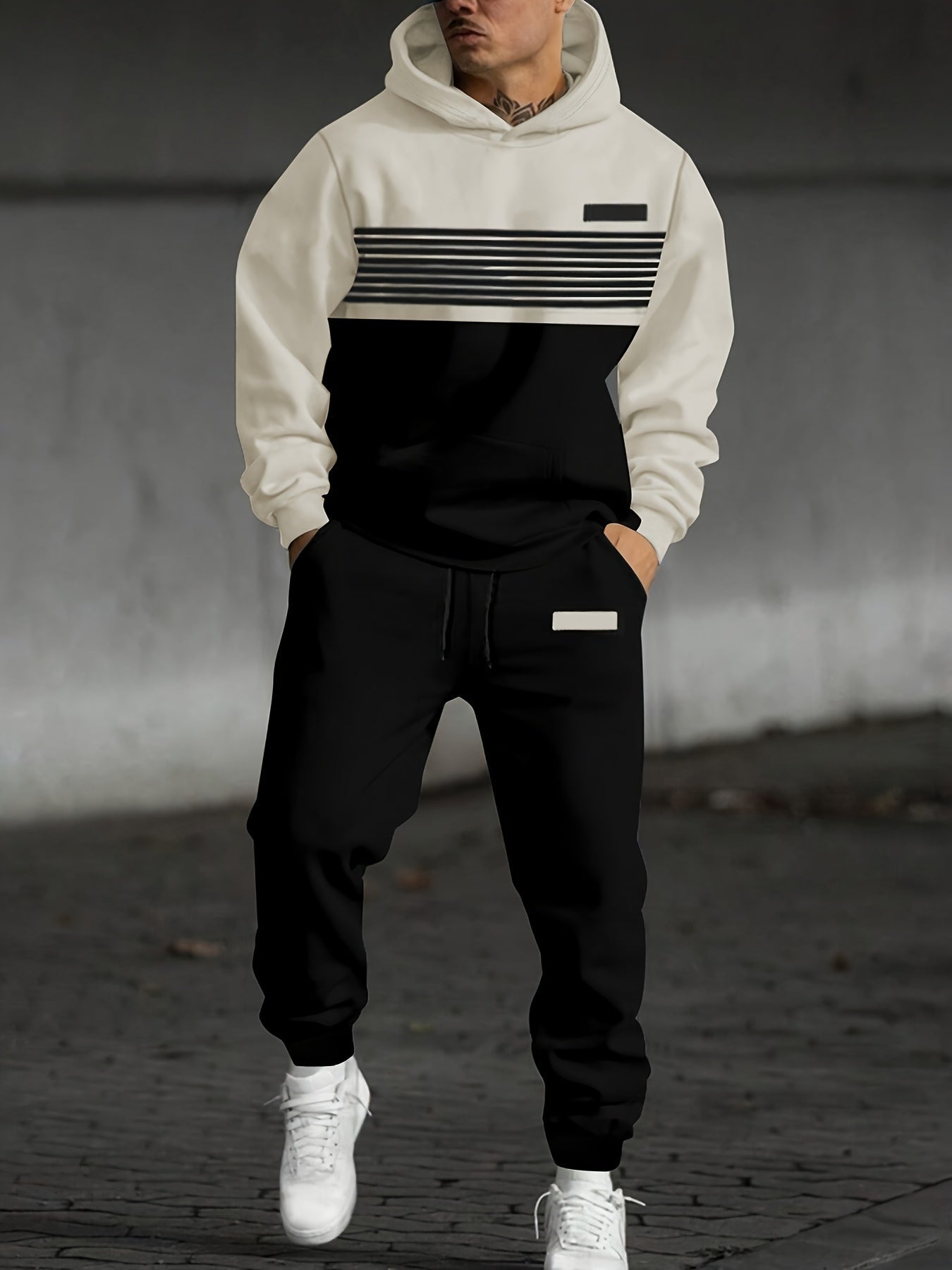 Men's two-piece tracksuit with hoodie and pants, striped color-block design