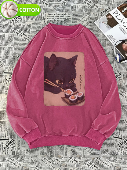 Unisex sweatshirt with cat sushi design, crew neck, long sleeves