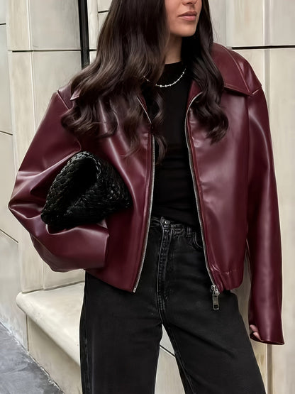 Women's leather-look bomber jacket with zipper and collar
