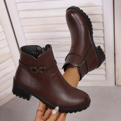 Women's ankle boots with decorative buckle and zip, lug sole, block heel