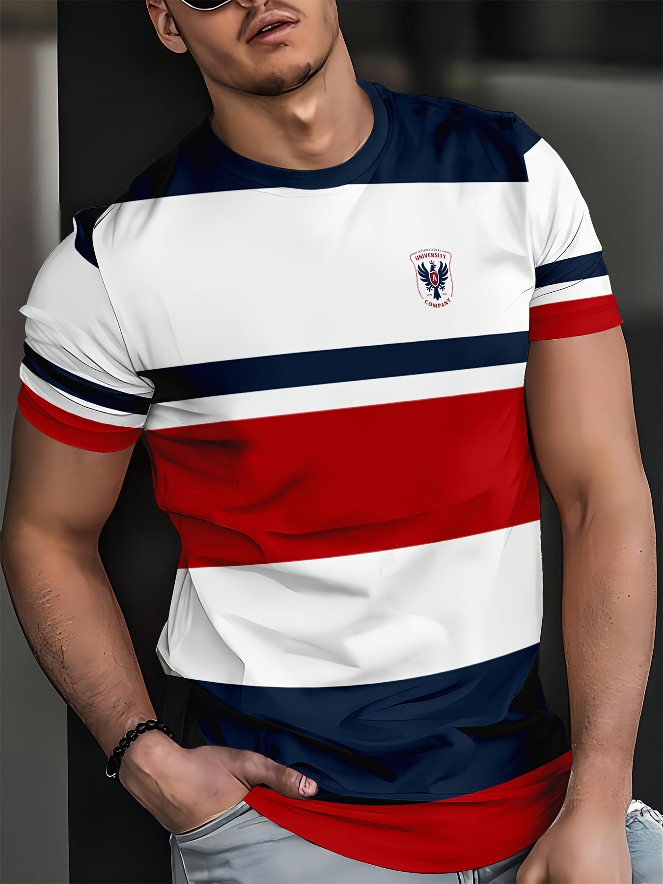Men's Casual T-Shirt with Block Stripes and University Logo – Perfect for Everyday and Leisure