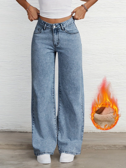 Women's wide-leg jeans with teddy lining, light blue
