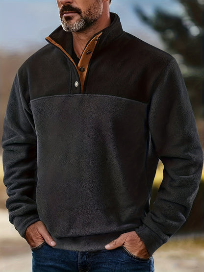Herren Fleece-Pullover Stehkragen Knopfleiste Patchwork Outdoor