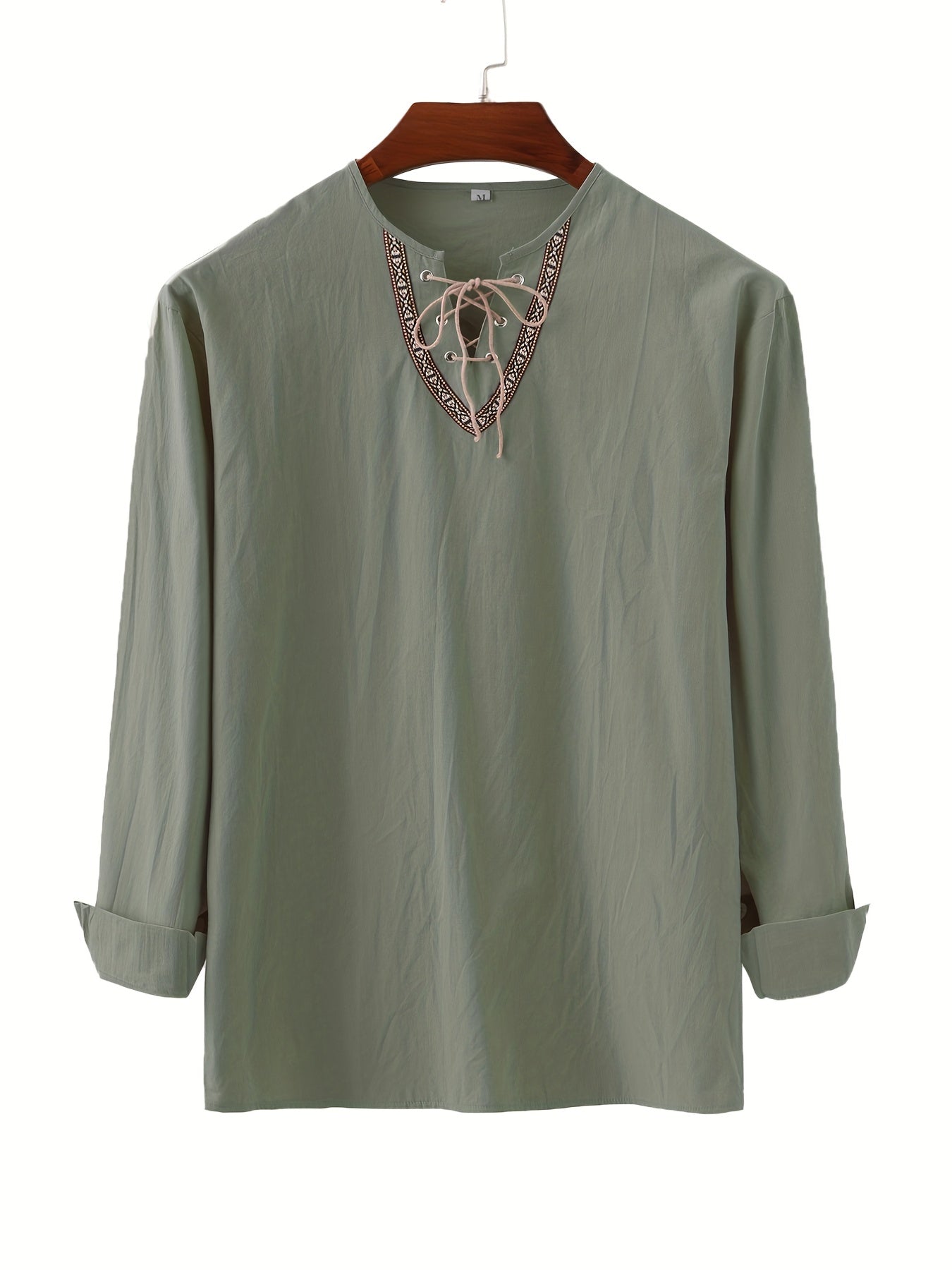 Herren Vintage Langarmshirt mit Schnürung und geometrischem Muster am Kragen