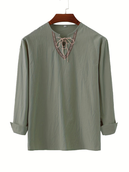 Herren Vintage Langarmshirt mit Schnürung und geometrischem Muster am Kragen