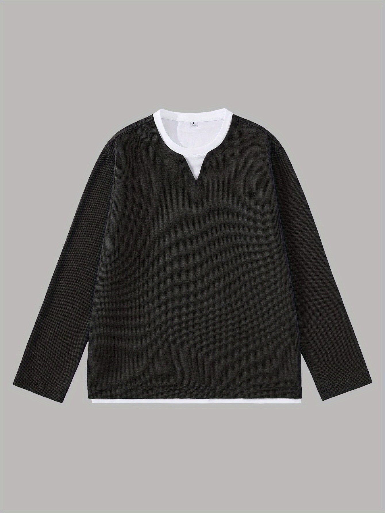 Men's Long-Sleeve Sweater, Waffle Texture, V-Neck, Two-Layer Look, Gray/Black