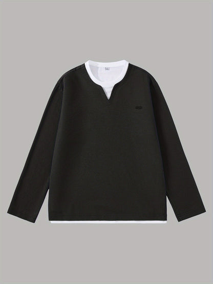 Men's Long-Sleeve Sweater, Waffle Texture, V-Neck, Two-Layer Look, Gray/Black