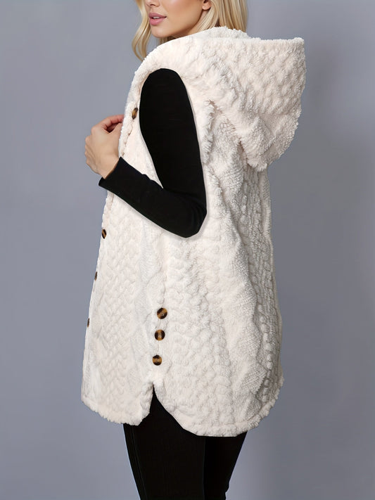 Women's long cream hooded vest with teddy-fur look and buttons