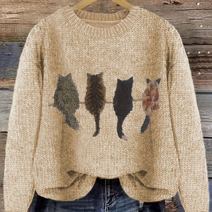 Women's knitted sweater with round neckline and cat motif