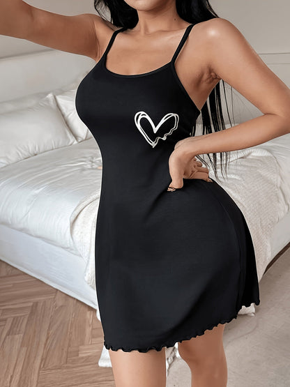Women's nightdress with heart print and ruffles, casual summer slip dress for adults