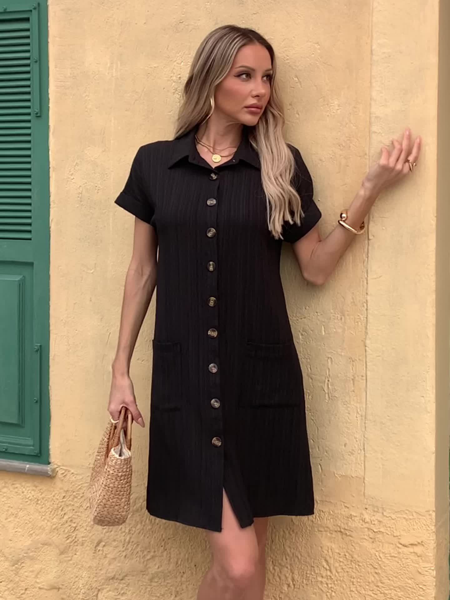 Women's Casual Shirt Dress with Button Placket and Pockets – Relaxed Summer Style