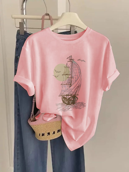 Women's T-Shirt with Vintage Sailing Ship Print – Maritime Casual Style