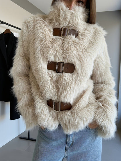 Women's beige faux fur jacket with buckles