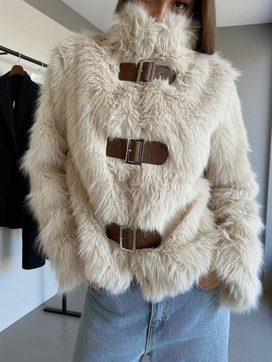 Women's beige faux fur jacket with buckles