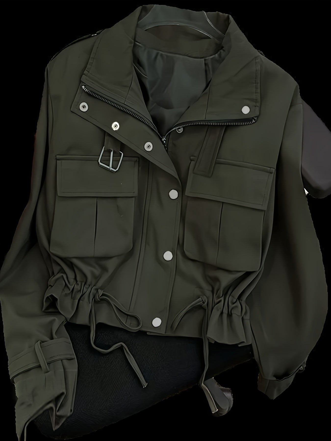 Short women's transitional jacket with zip, buttons & flap pockets