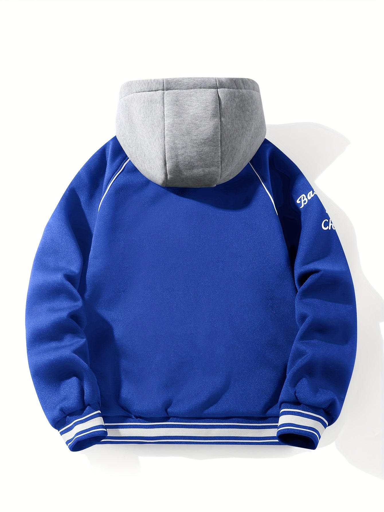 Men’s baseball jacket with hood, snap buttons, embroidery, and ribbed cuffs