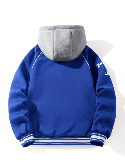 Men’s baseball jacket with hood, snap buttons, embroidery, and ribbed cuffs