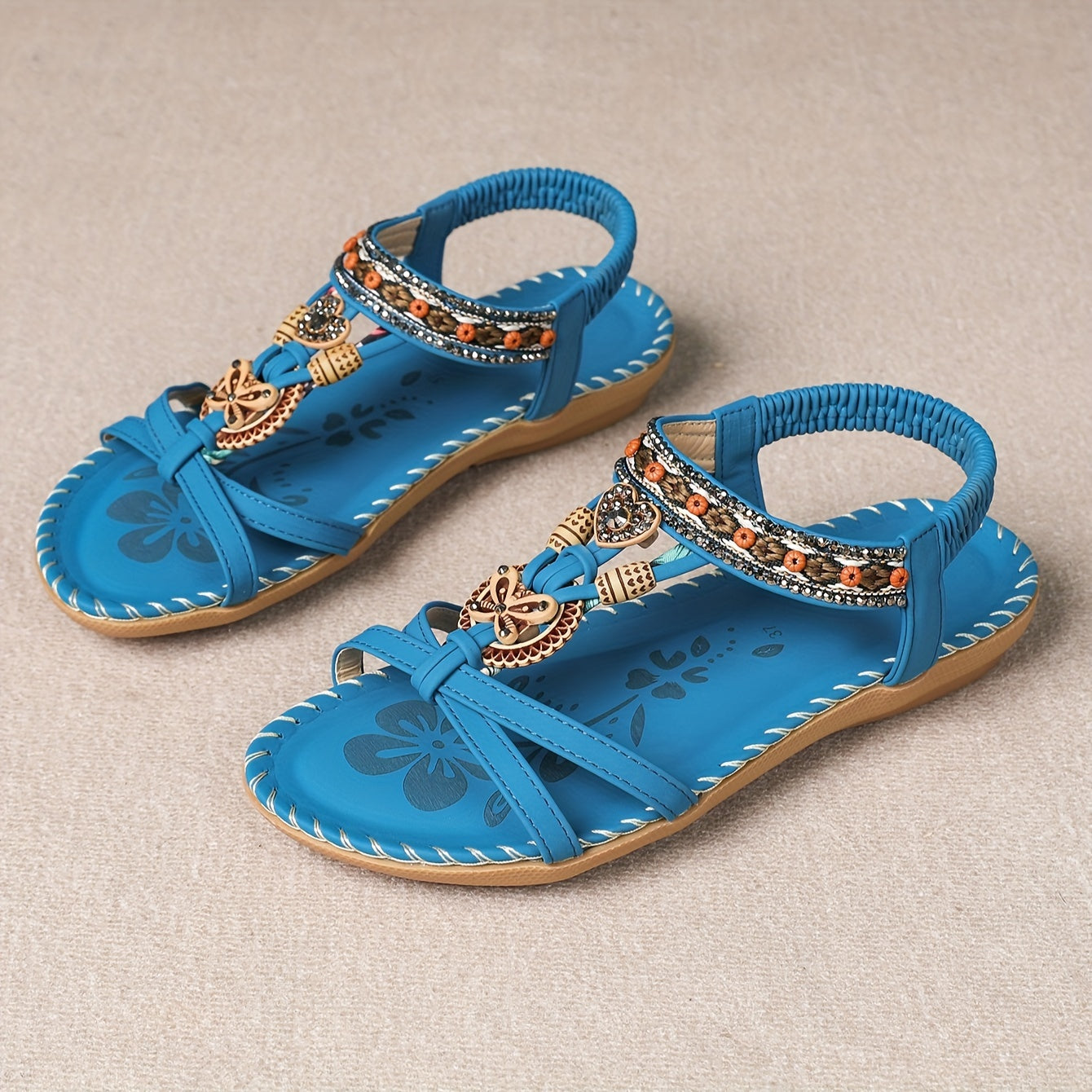 Women's Boho Sandals with Decorative Jewelry and Elastic Ankle Strap – Comfortable Summer Shoes for Casual Wear and Vacation