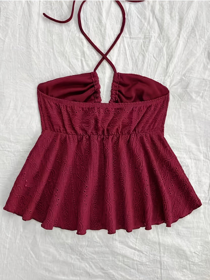 Women's Vintage Halter Babydoll Top with Embroidery – Summer Casual Top