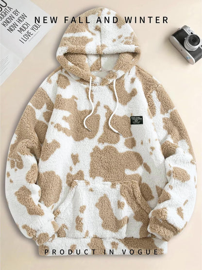 Teddyfleece Hoodie Kuhflecken-Muster mit Kängurutasche und Kapuze