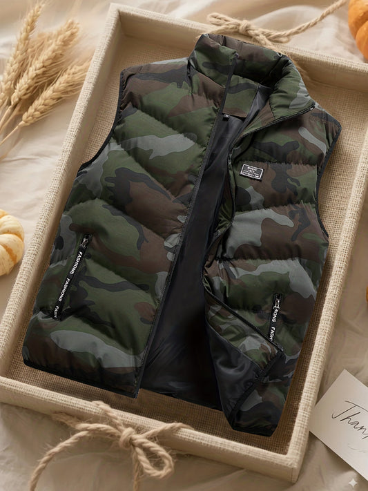 Men's quilted vest with stand-up collar & camouflage pattern