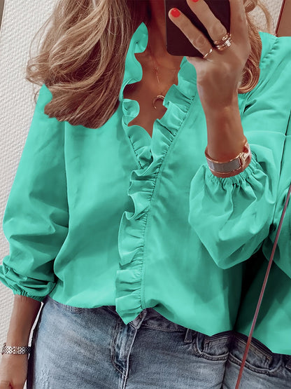 Women's blouse with ruffles and V-neck – Elegant casual style for everyday and office wear