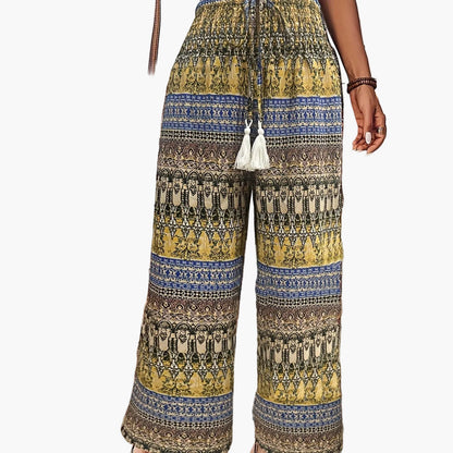 Women's Boho Wide-Leg Casual Pants with Ethnic Pattern for Summer