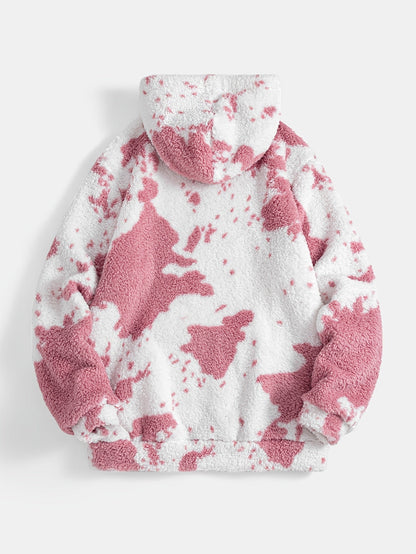 Teddyfleece Hoodie Kuhflecken-Muster mit Kängurutasche und Kapuze