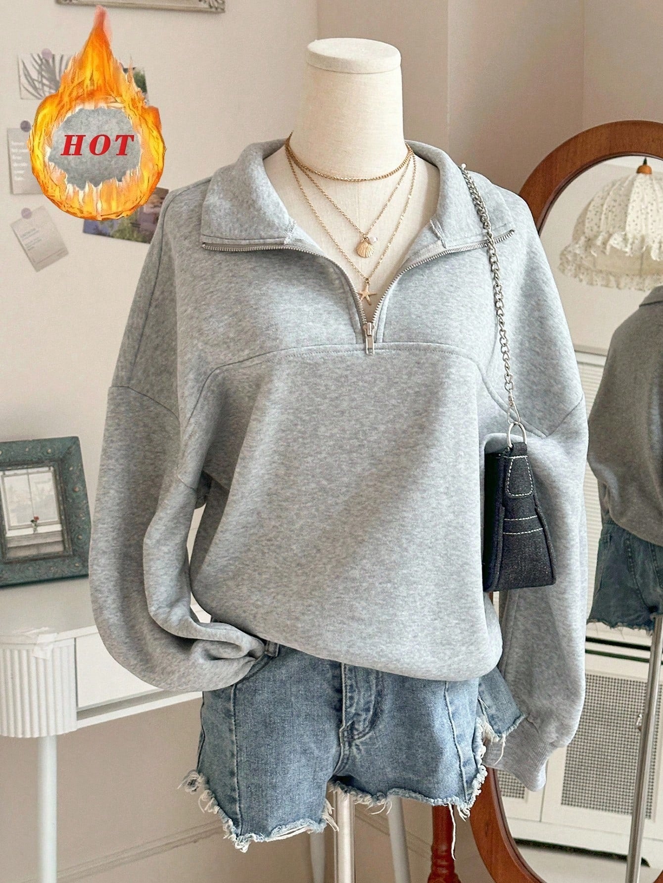Half-zip sweatshirt, gray, oversized fit