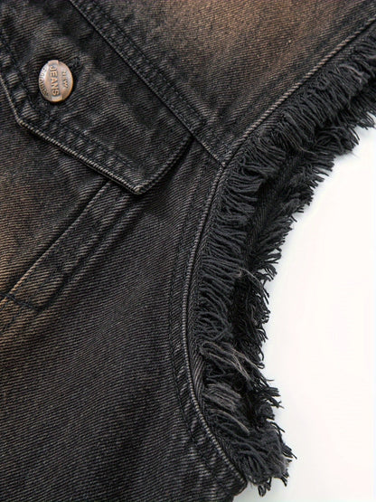 Men's black washed sleeveless denim vest