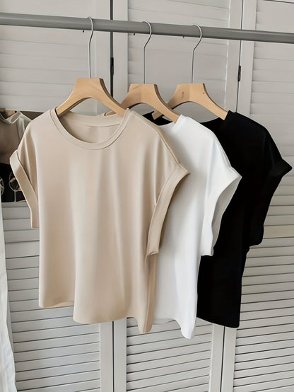 Women's Basic T-Shirt with Turn-Up Sleeves – Stylish Everyday Essential for Leisure and Office