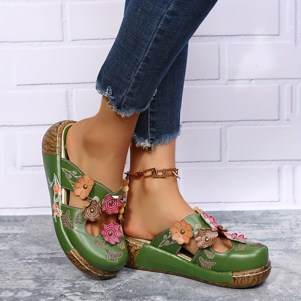 Women's Comfortable Wedge Heel Clogs with Flower Appliqué – Casual Boho Slip-On Shoes