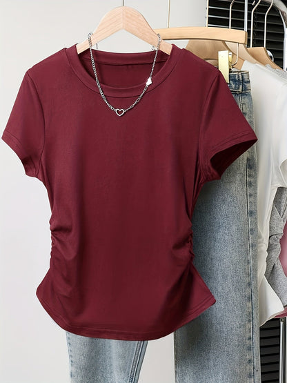 Women's Basic T-Shirt with Crew Neck and Ruching – Everyday & Casual