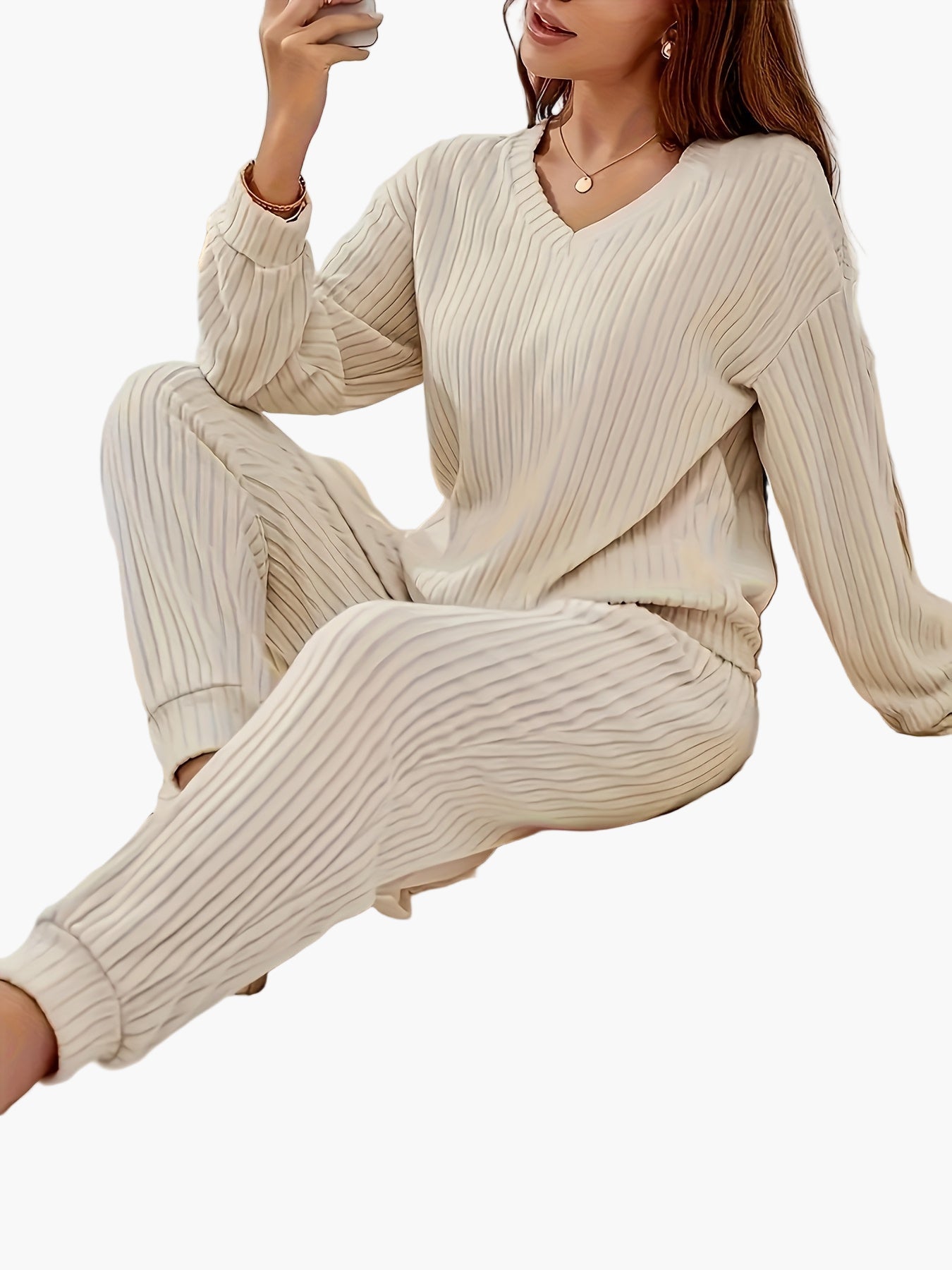 Women's Cozy Ribbed Knit Lounge Set for Home and Leisure