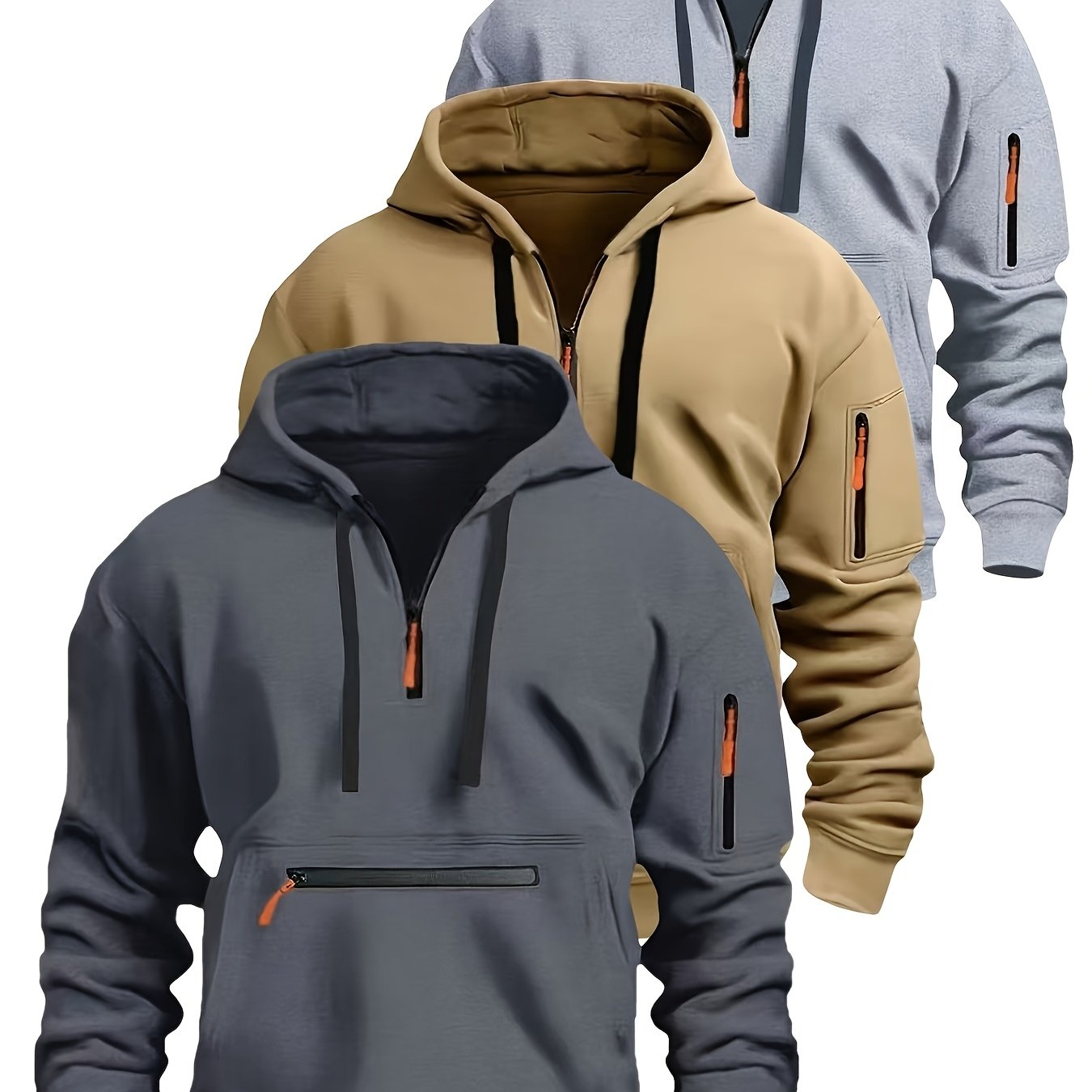 Men's hoodie with zipper and kangaroo pocket, drawstring, long sleeves