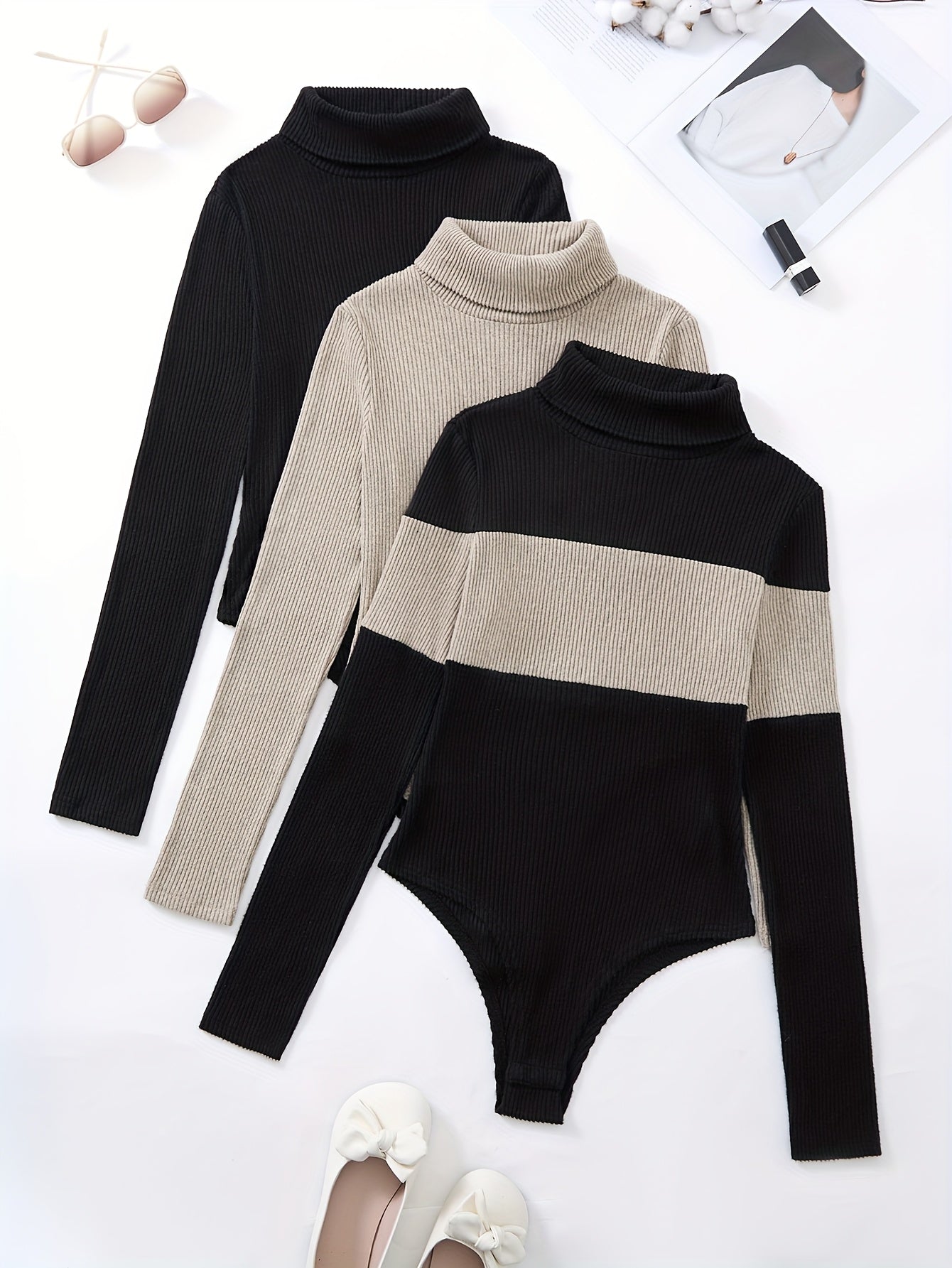 Damen Rollkragen Langarm Body Gerippt