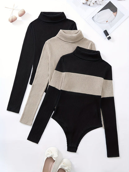 Damen Rollkragen Langarm Body Gerippt