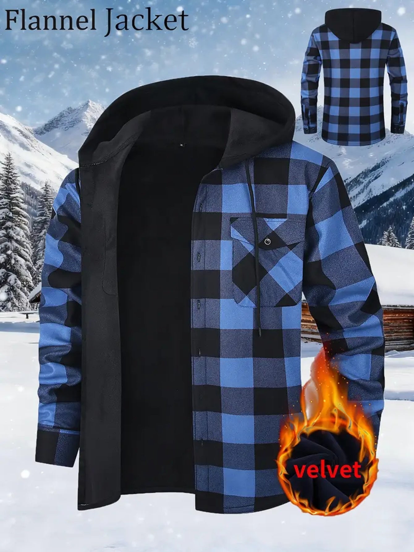 Men's checked flannel shirt with hood, lined, warm casual jacket, long sleeve