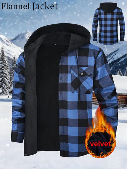 Men's checked flannel shirt with hood, lined, warm casual jacket, long sleeve
