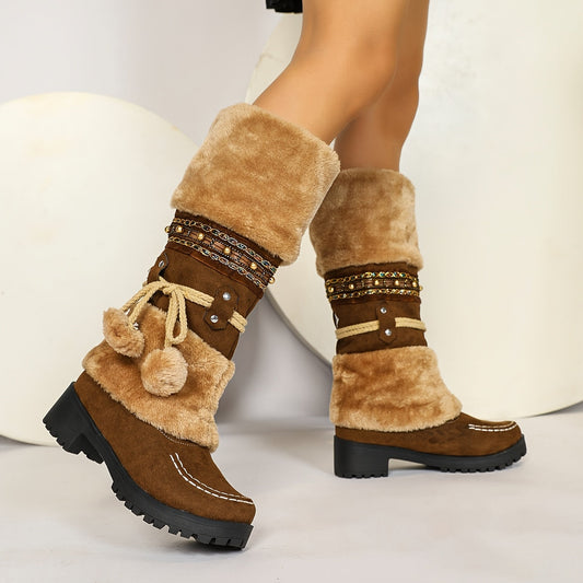 Women's brown winter boots with faux fur, decorative straps & pom-poms