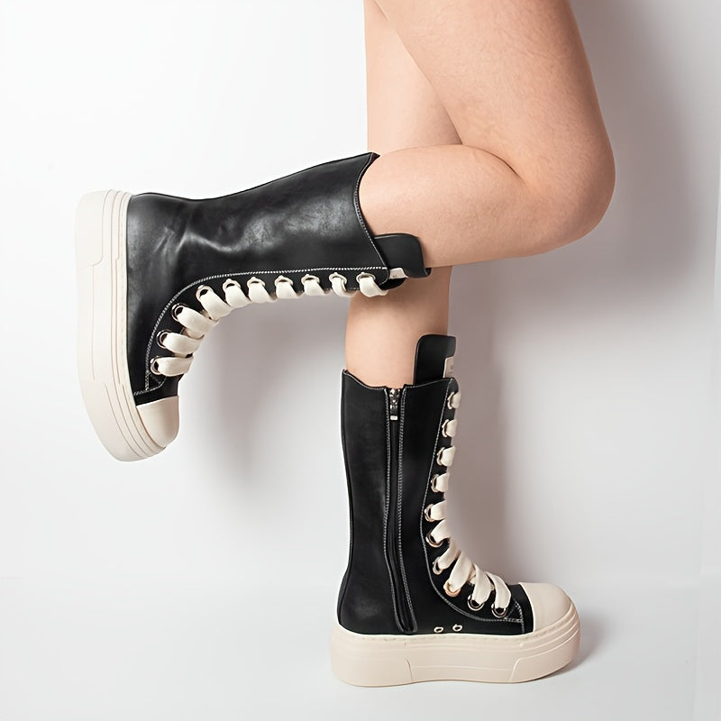 Platform High-Top Boots Black White with Lacing