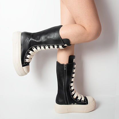 Platform High-Top Boots Black White with Lacing